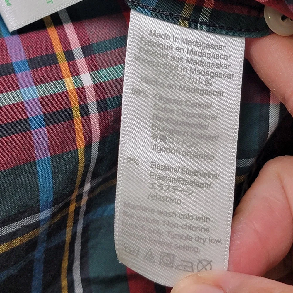 J. Crew Stretch Men Med Slim Untucked Shirt Button Down Green Red Plaid‎ Organic